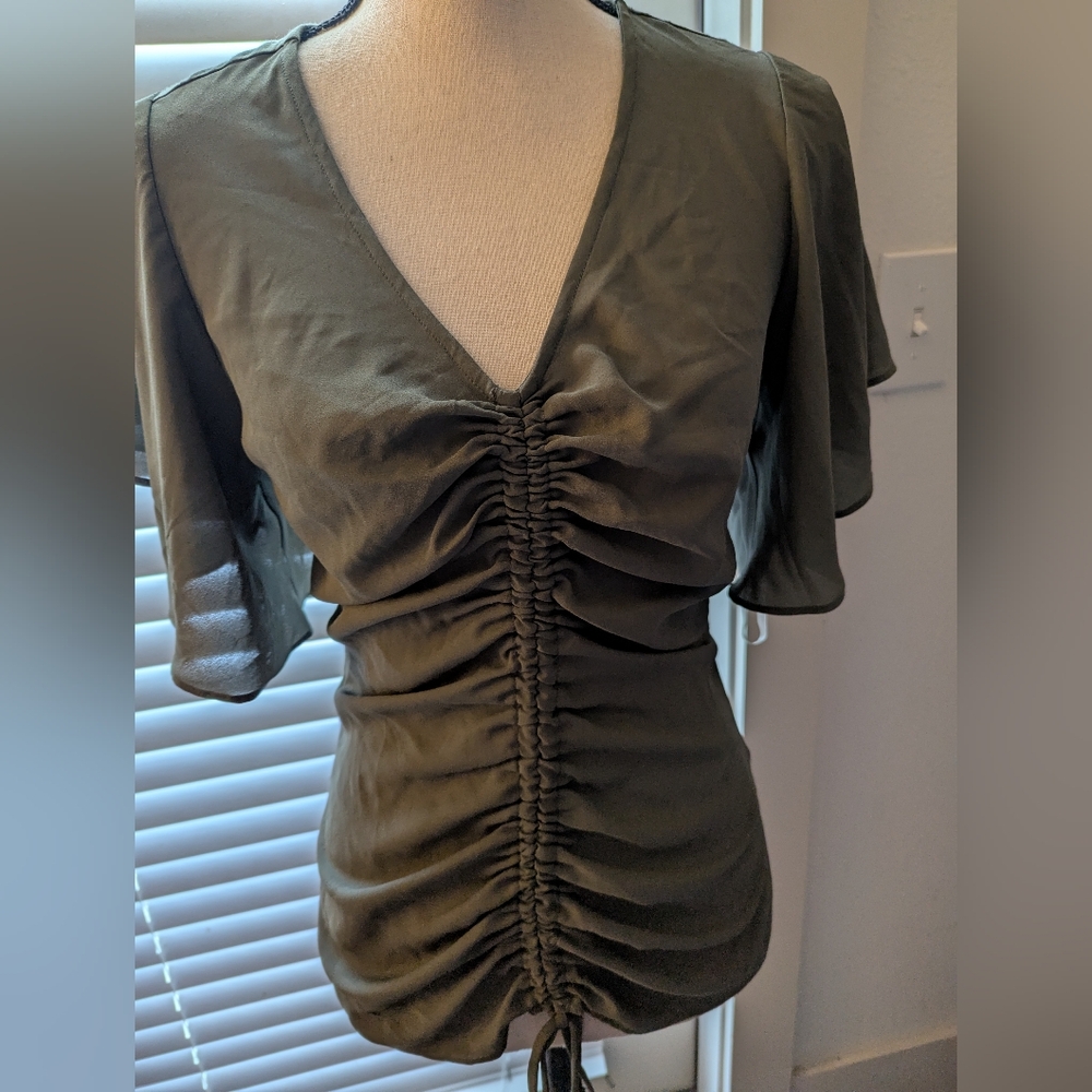 Olive Green Ruched V-Neck Women's Top